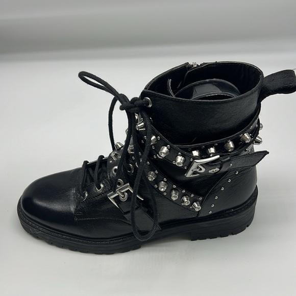 Zara - Black Leather Bejeweled Criss Cross Lace Up Biker Ankle Boot Size 6 - Picture 9 of 14